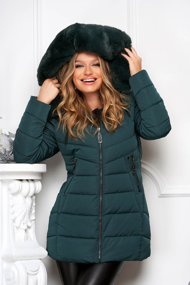 Sales jackets, Darkgreen jacket midi from slicker detachable hood with faux fur accessory - StarShinerS.com