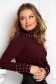 Burgundy women`s blouse knitted from striped fabric tented crystal inscriptions high collar 1 - StarShinerS.com