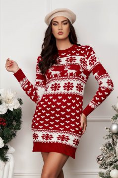 Red knitted short dress with a straight cut and festive print - SunShine