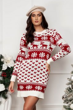 Short knitted dress with a straight cut and festive print - SunShine