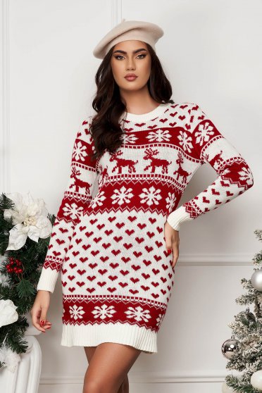 Rochii de iarna, Rochie din tricot scurta cu un croi drept si imprimeu festiv - SunShine - StarShinerS.ro