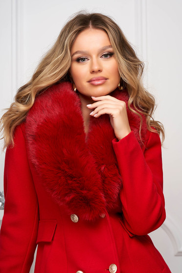 Red coat wool tented fur collar from ecological fur