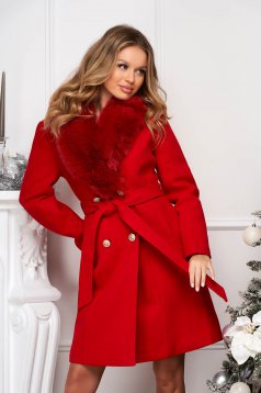 Red coat wool straight fur collar from ecological fur