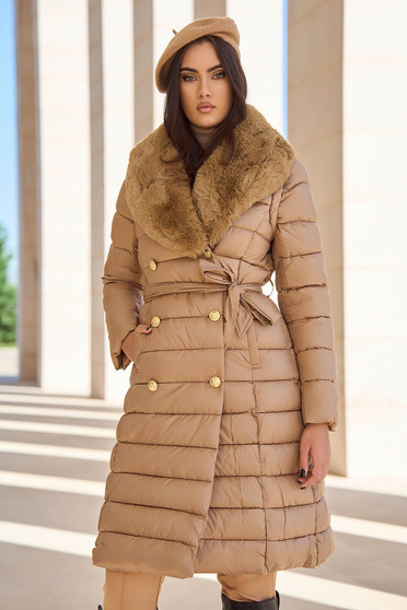 Brown jacket from slicker midi fur collar