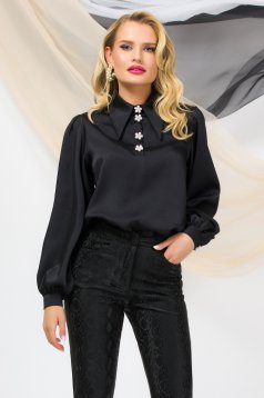 Black women`s blouse from satin loose fit with decorative buttons