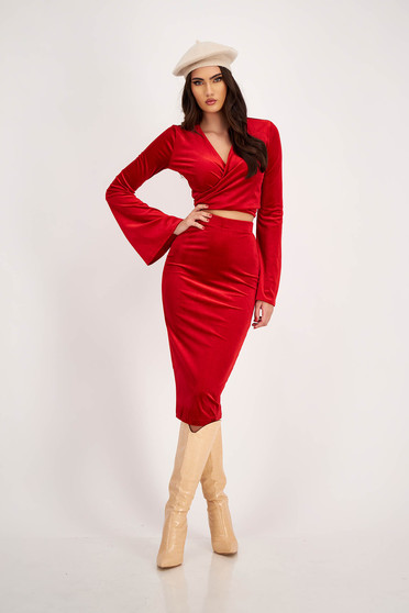 2 Pieces, Red Velvet Set with Skirt and Crossover Neckline Top - StarShinerS - StarShinerS.com