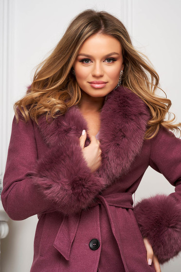 Coats, Purple coat wool tented fur collar detachable collar - StarShinerS.com