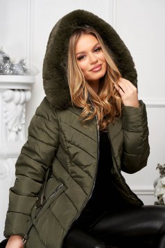 Khaki jacket from slicker midi detachable hood with faux fur accessory
