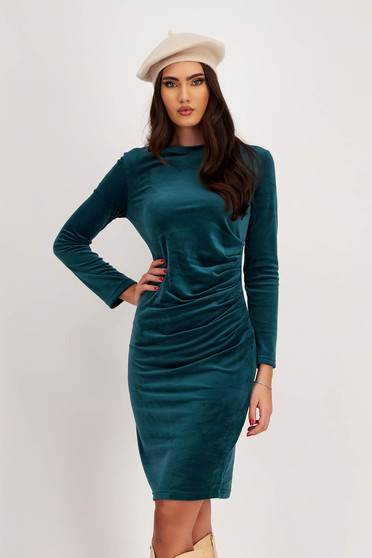 Online Dresses, Dark Green Velvet Pencil Dress with Waist Pleats - StarShinerS - StarShinerS.com