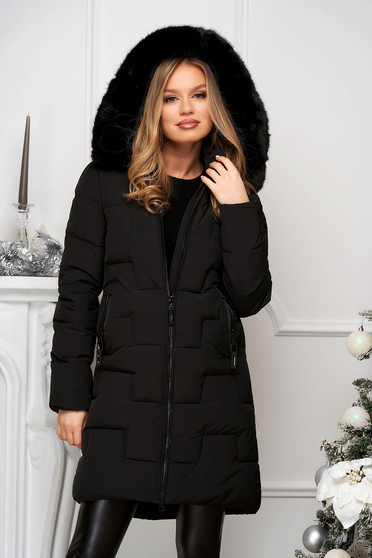 Black jacket from slicker tented the jacket has hood and pockets