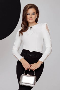 Ivory women`s shirt cotton tented accessorized with breastpin