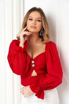 Red women`s blouse poplin with tented cut with puffed sleeves