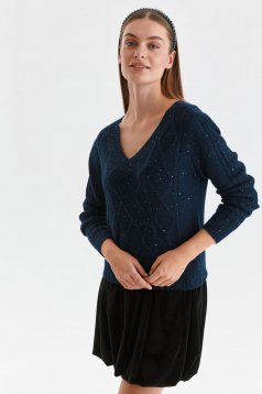 Petrol blue sweater knitted loose fit with sequin embellished details raised pattern