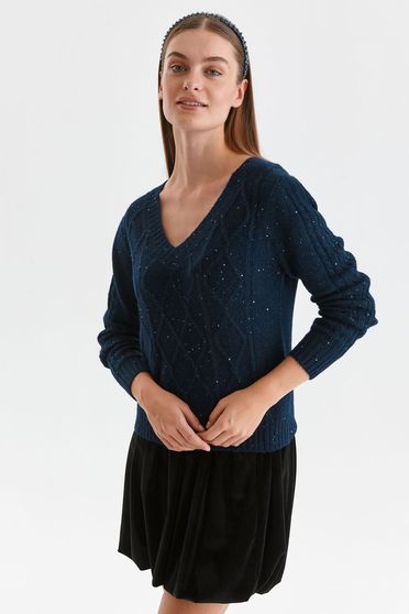 Sweaters, Petrol blue sweater knitted loose fit with sequin embellished details raised pattern - StarShinerS.com