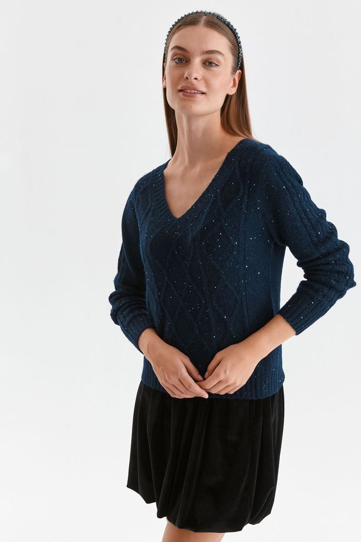 Casual jumpers, Petrol blue sweater knitted loose fit with sequin embellished details raised pattern - StarShinerS.com