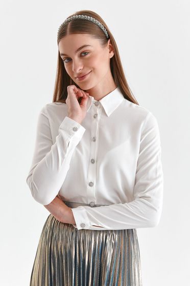 Long sleeves shirts, White women`s shirt thin fabric loose fit with decorative buttons - StarShinerS.com
