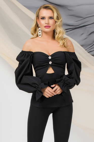Office Blouses, Black women`s blouse poplin with tented cut with puffed sleeves - StarShinerS.com