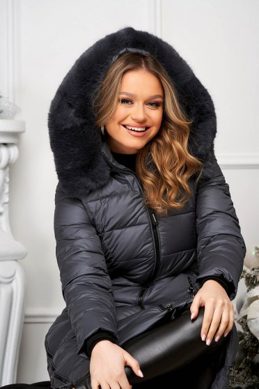 Sales jackets, Grey jacket from slicker midi straight with faux fur accessory detachable hood - StarShinerS.com