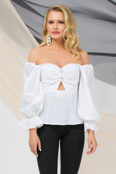 Office Blouses, Ivory women`s blouse poplin with tented cut with puffed sleeves - StarShinerS.com
