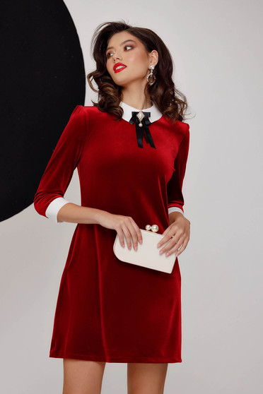 Red dress velvet short cut lateral pockets a-line