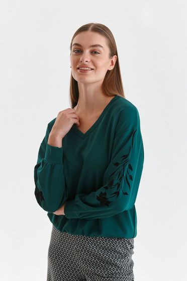 Blouses, Darkgreen women`s blouse from elastic fabric loose fit with puffed sleeves with print details - StarShinerS.com