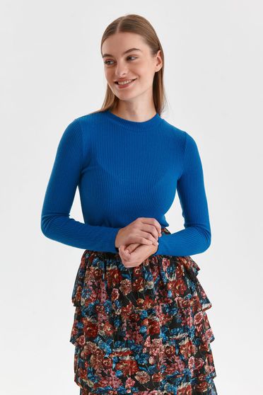 Blue women`s blouse knitted from striped fabric tented high collar