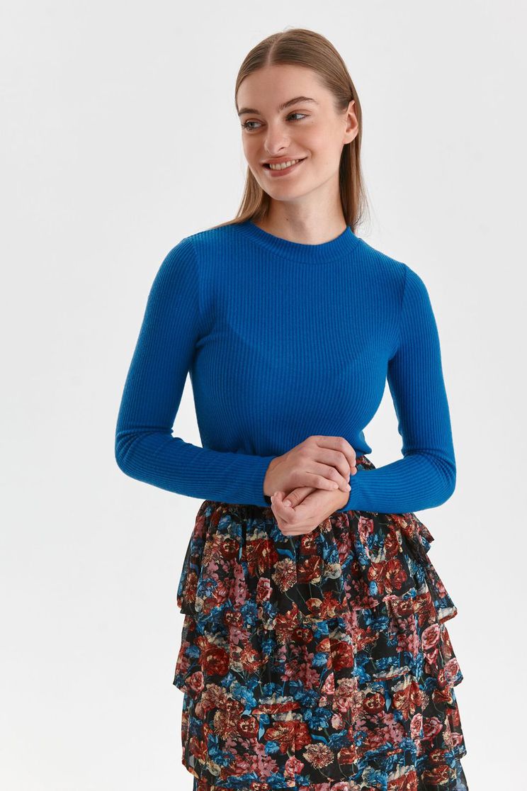 Blue women`s blouse knitted from striped fabric tented high collar
