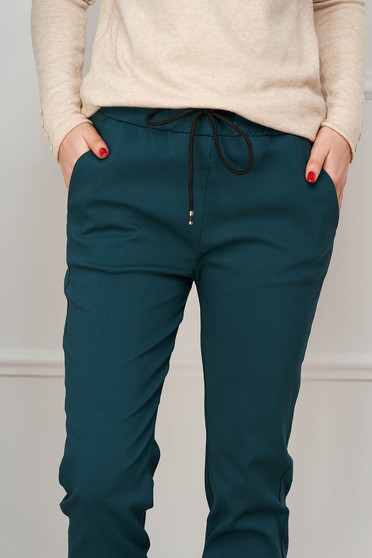 Pantaloni Dama cu talie inalta, Pantaloni din strech verde petrol lungi cu elastic in talie si snur - SunShine - StarShinerS.ro