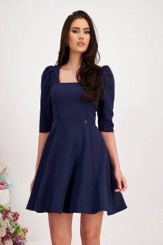 Navy Blue Short Cloche Dress from Slightly Elastic Fabric with Puffed Shoulders - StarShinerS