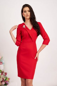 Red dress slightly elastic fabric pencil accessorized with breastpin midi - StarShinerS