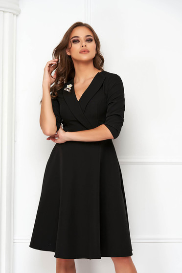 Day dresses, Black dress slightly elastic fabric midi cloche wrap over front - StarShinerS - StarShinerS.com