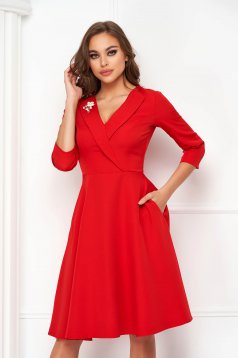 Red Midi Dress made from slightly elastic fabric with wrapover V-neckline - StarShinerS