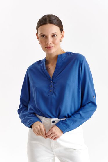 Blue women`s blouse thin fabric loose fit with v-neckline