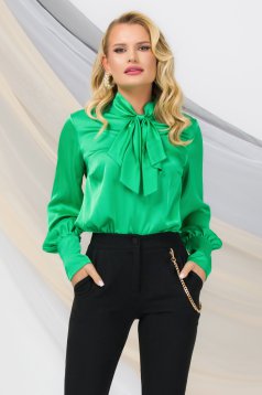 Green women`s blouse from satin loose fit bow accessory