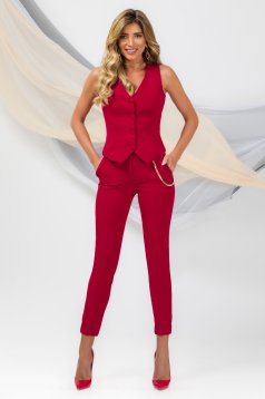 Pantaloni din stofa usor elastica rosii conici cu talie inalta accesorizati cu lant metalic - PrettyGirl