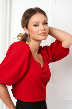 Red women`s blouse crepe tented with puffed sleeves with cuffs - StarShinerS