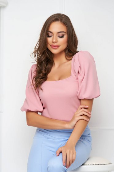 Powder pink women`s blouse crepe tented with puffed sleeves with cuffs - StarShinerS