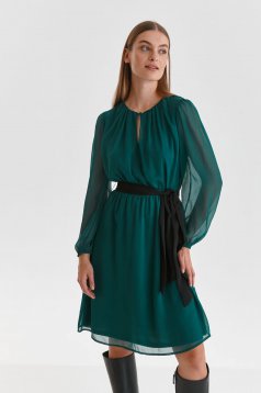 Rochie din voal verde-inchis scurta in clos cu elastic in talie si maneci bufante - Top Secret