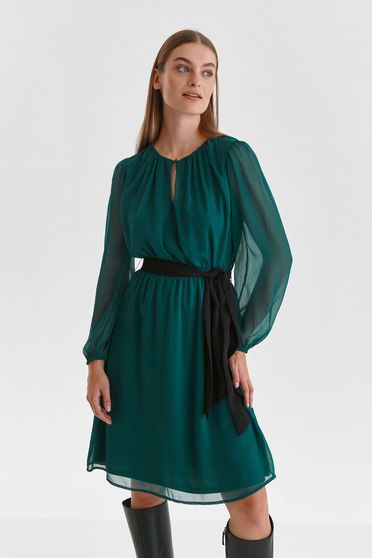 Nyári ruhák, Sötétzöld rövid bő ujjú muszlin ruha harang alakú gumirozott derékrésszel - StarShiner.hu