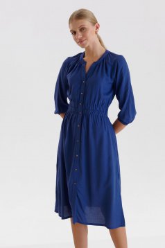 Rochie tip camasa din georgette bleumarin midi in clos cu elastic in talie si slit lateral - Top Secret