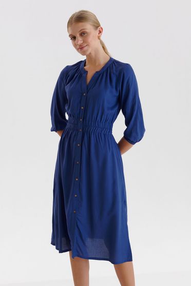 Rochii vaporoase, Rochie tip camasa din georgette bleumarin midi in clos cu elastic in talie si slit lateral - Top Secret - StarShinerS.ro