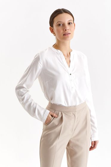 Long sleeves blouses, White women`s blouse thin fabric loose fit with v-neckline - StarShinerS.com