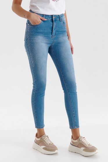 Skinny trousers, Blue trousers denim conical medium waist with crystal embellished details - StarShinerS.com
