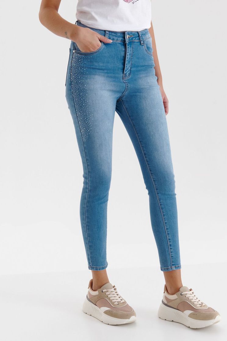 Trousers, Blue trousers denim conical medium waist with crystal embellished details - StarShinerS.com