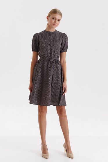 Thin material dresses, Black dress thin fabric short cut loose fit accessorized with tied waistband with puffed sleeves - StarShinerS.com