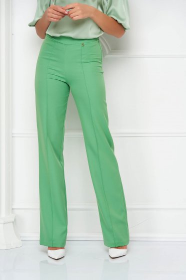Pantaloni Dama  eleganti, Pantaloni din stofa usor elastica verde-deschis lungi evazati cu talie inalta - StarShinerS - StarShinerS.ro