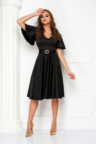 Satin dresses, - StarShinerS black dress from satin midi cloche with bell sleeve - StarShinerS.com