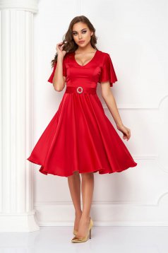 - StarShinerS red dress from satin midi cloche with bell sleeve