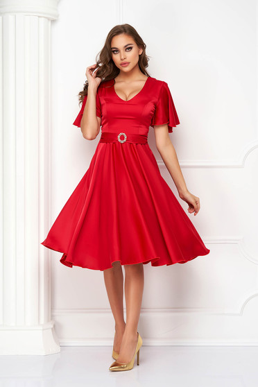 Satin dresses, - StarShinerS red dress from satin midi cloche with bell sleeve - StarShinerS.com