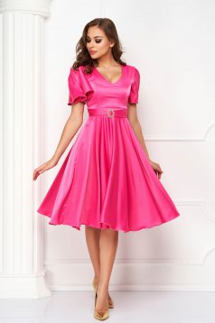 Fuchsia Satin Midi Dress in Flared Style with Bell Sleeves - StarShinerS